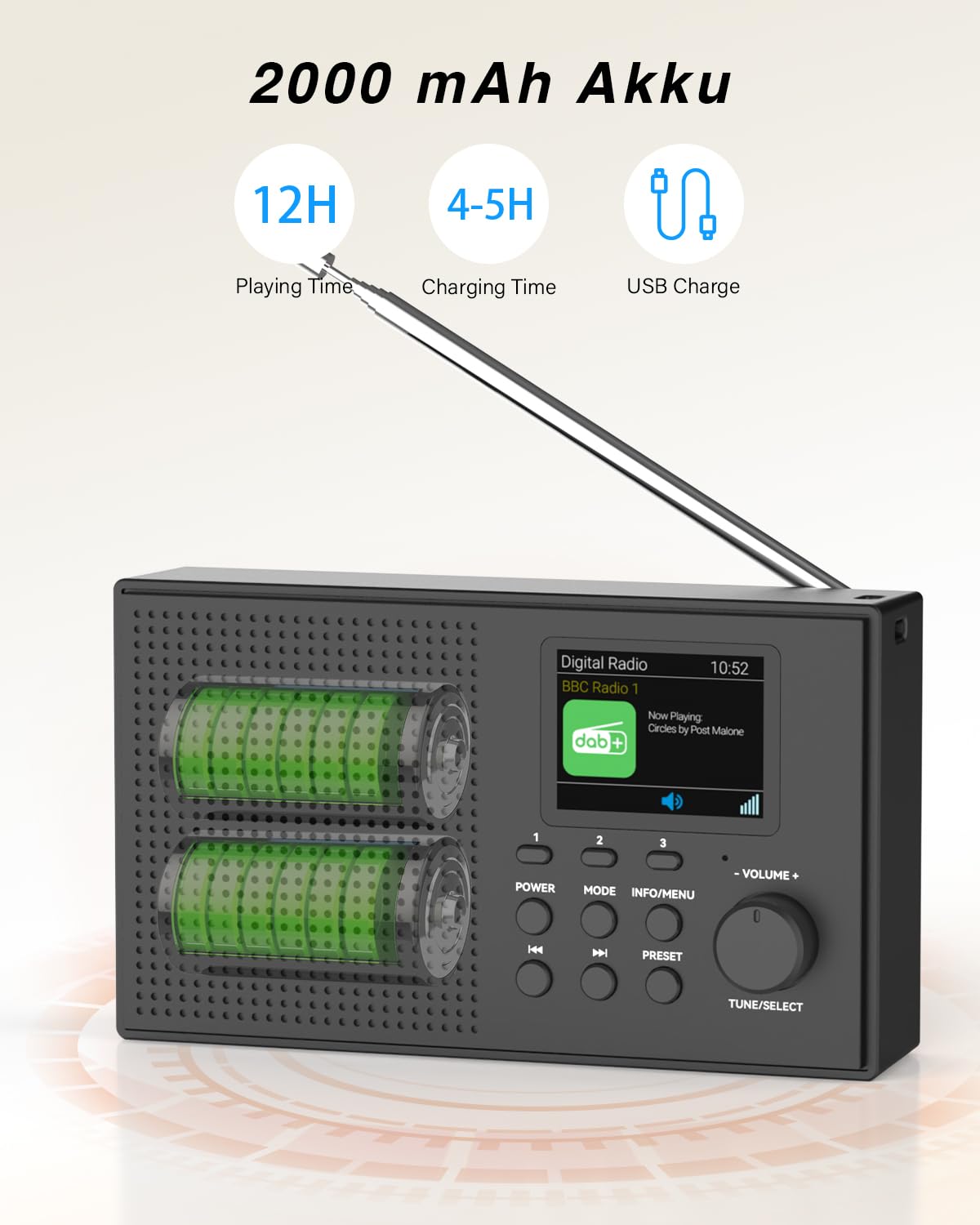 Tragbarer DAB DAB+ Radio mit Bluetooth FM USB/TF Player 2,4" Farbdisplay | 80 Voreinstellungen, 2000mAh Akkubetrieb für 12 Stunden Spielzeit, Unterstützung MicroSD/TF/AUX Anschluss, Alarmfunktionen