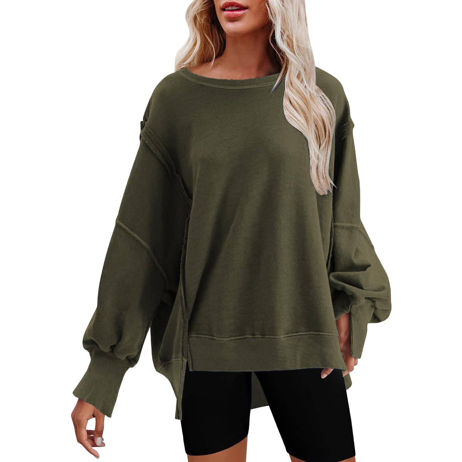 Générique Sweat sans Capuch Femme Surdimensionné Manche Longue Col Rond Côtelé Fente Latérale Sweats avec Épaule Tombantes Chic et Élégant Couleur Unie Haut Tunique Automne Hiver Chaud Pullover Gym