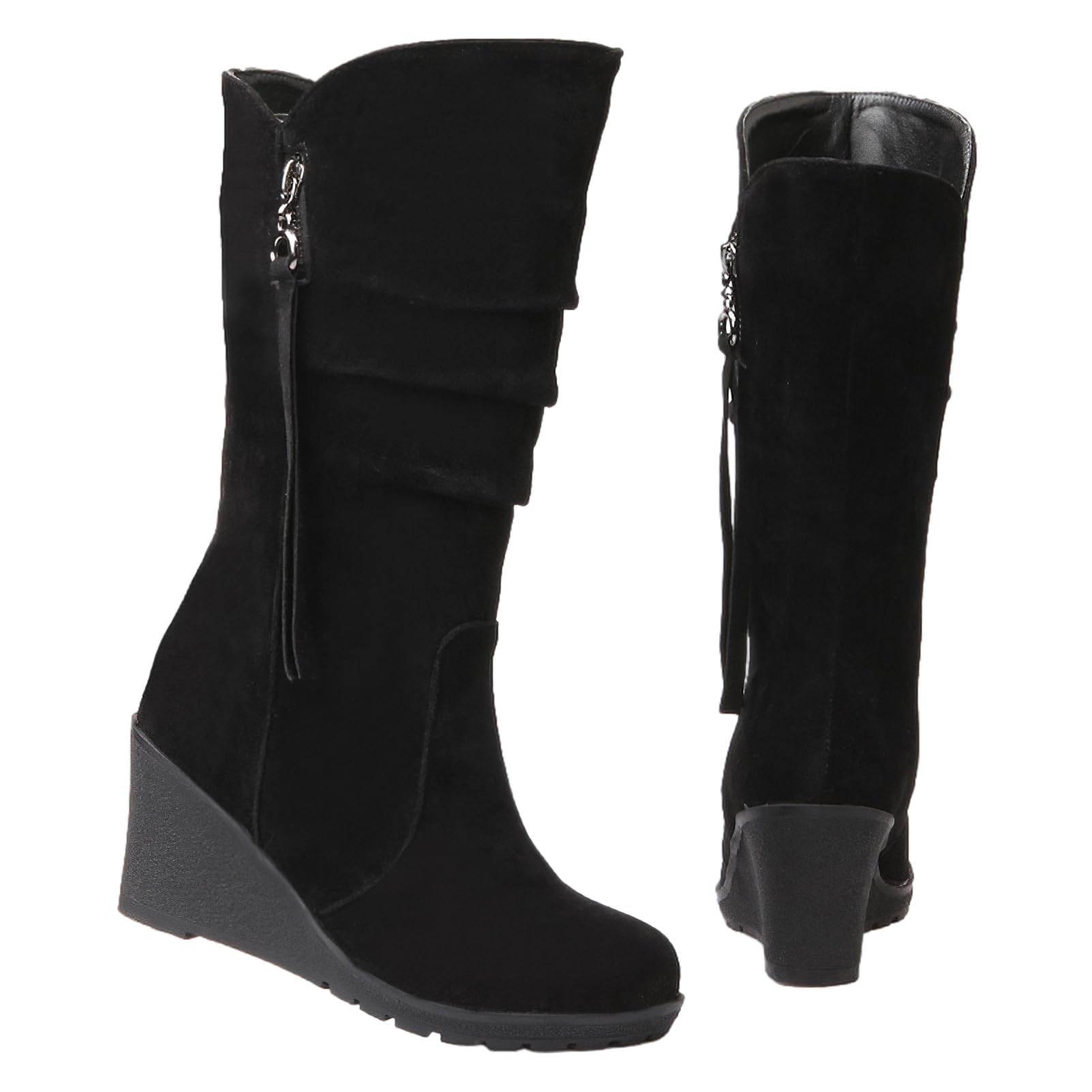 rismart Stivali Western Donna Polpaccio Medio Tacco a Zeppa Foderato con pelliccia sottile Camoscio Scarpe Invernali