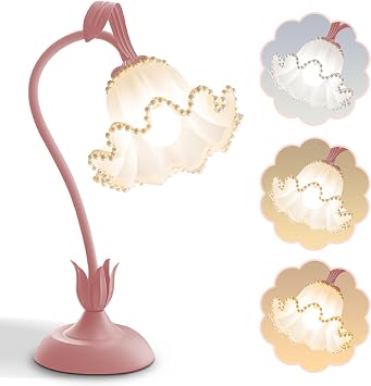 AQDZCNF Flower Table Lamp, LED Reading Light Bedside Vintage Flower Night Light, 3 Color Modes Cute Bedside Lamp Decoration, Living Room Bedroom Room Lighting Table Lamp Home DecorationPink Pearl