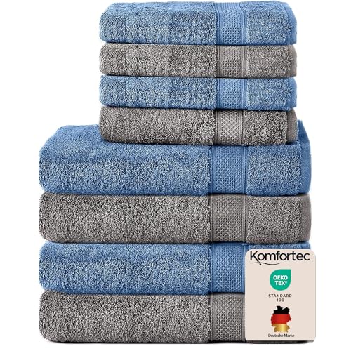 Komfortec Handtuch Set 8 Teilig aus 100% Baumwolle, Anthrazit/Hellblau
