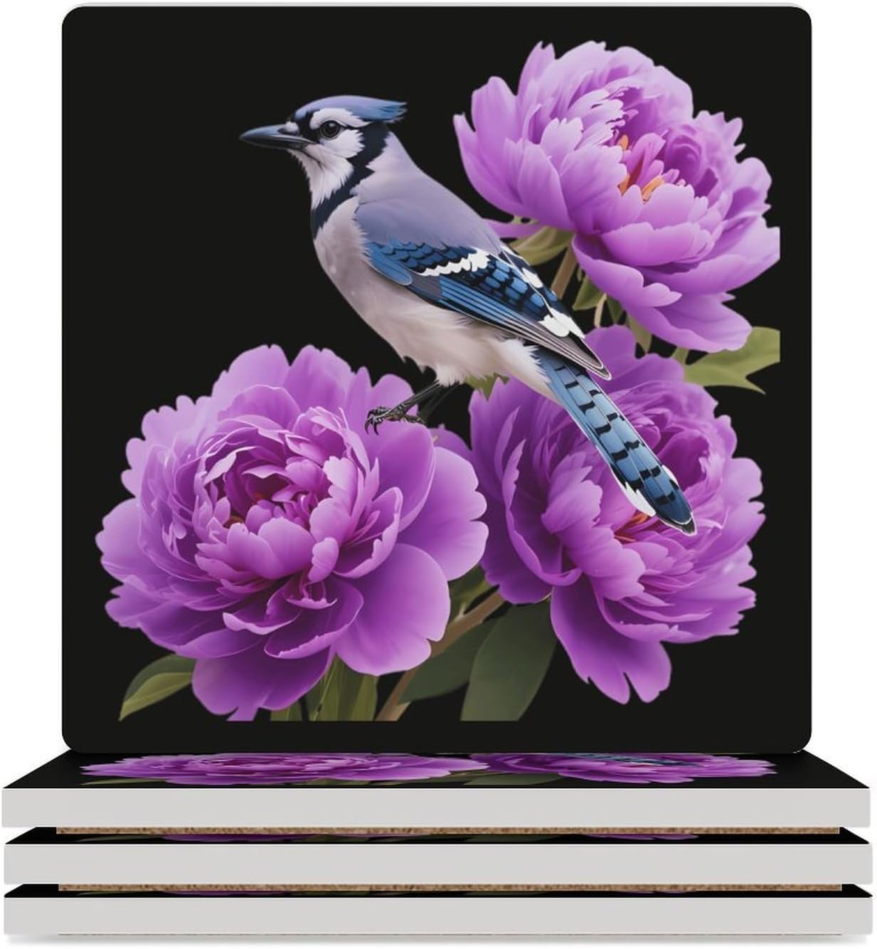 Peony Flower Blue Jay Bird Funny Ceramic Coasters for Drink Absorbent Cup Holders Tabletop Protection