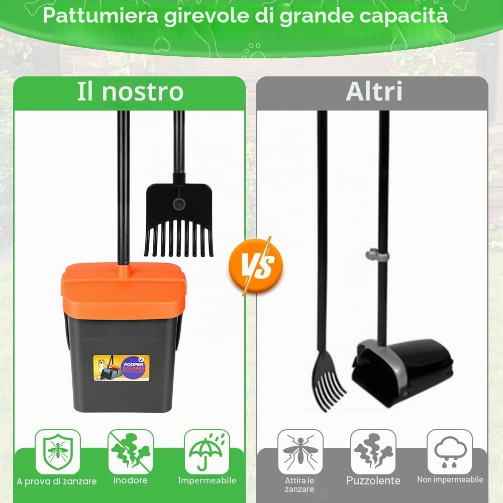 Paletta Raccogli Cacca Cani, 46" Telescopico Paletta Raccogli Cacca Cane Set, Pattumiera Girevole con rastrello, Paletta Raccogli Feci per Cani con Manico Lungo per Giardino Ghiaia