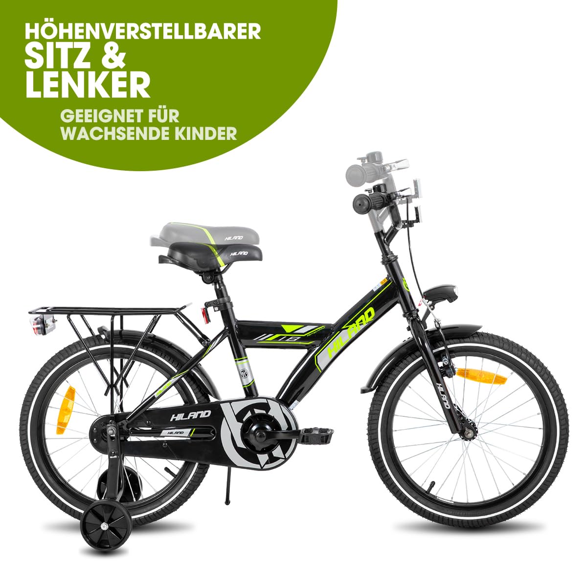 HILAND 16/18/20 Zoll Kinderfahrrad Mountainbike Kinder MTB für Jungen und Mädchen ab 4 5 6 7 8 9 Jahren Licht Gepäckträger Stützräder/Ständer, Schwarz/Weiß