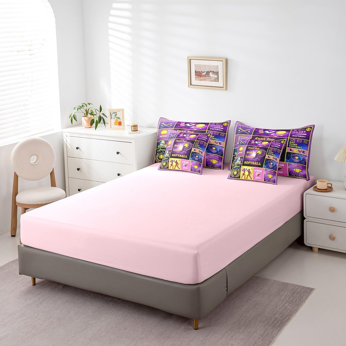 Erosebridal 7 Pcs Softball Bed in A Bag Full,Purple Patchwork Bedding with Bed Sheets for Kids Teens,Softball Sports Comforter Set for Girls Boys,Extreme Sports Ball Game Quilt with Pillowcases