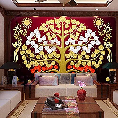 XLMING Südostasien Thai Fortune Tree Wohnzimmer vor den Korridorwänden Hyun Bodhi Tree Auspicious Yoga Wall Tree Back fototapete 3d effekt tapete Wohnzimmer Schlafzimmer Hintergrundbild-350cm×256cm