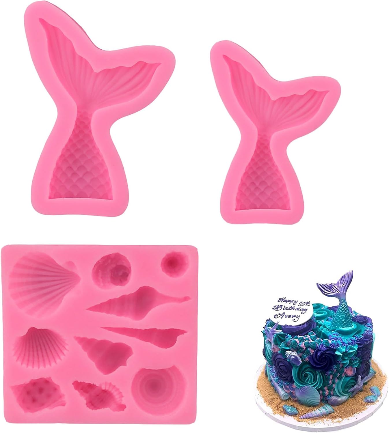 3 Pcs Mermaid Tail Mould, Marine Themed Baking Silicone Molds 3D Fondant Cake Moulds, Shells