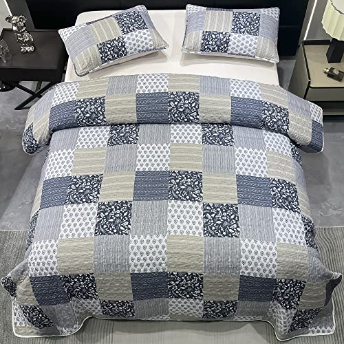 Grey Patchwork Quilt Set Full Queen Size Floral Plaid Reversible Quilted Bedspread Coverlet 3-Piece Lightweight Comforter Stitched Bedding Set Bed Sheet Set Cover Blanket With 2 Pillow Shams #TOP3