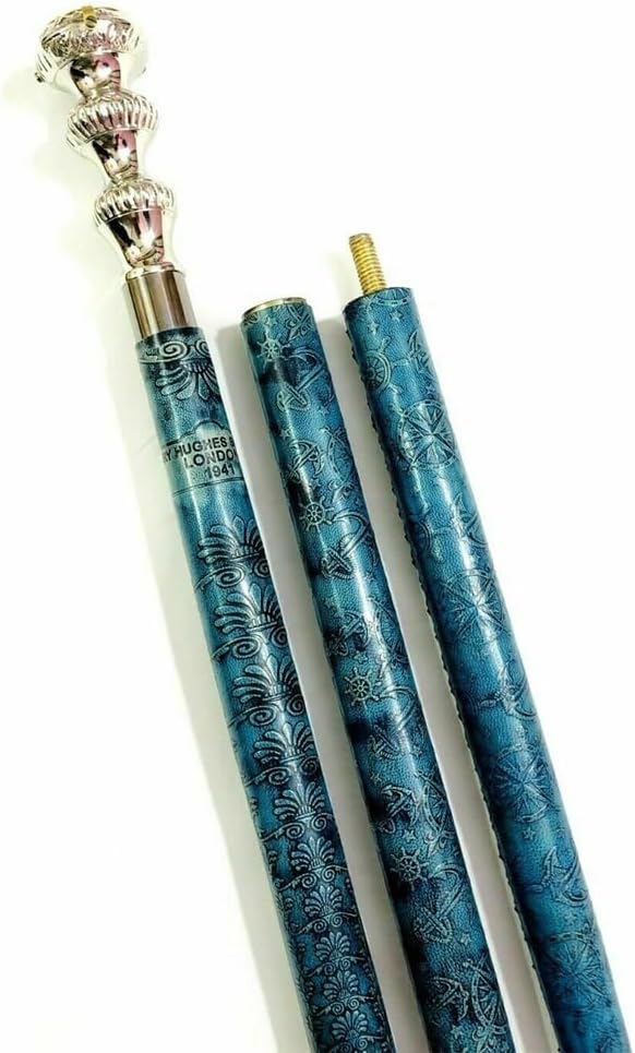 Brass Blue Leather Finish Wooden Walking Stick Canes with Clock on top, Brass Blue Leather Walking Stick with Clock, Birthday Gift