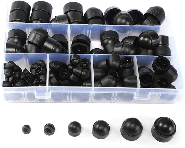 Plastic Dome Nut Kit, 145pcs M4 M5 M6 M8 M10 M12 Black Dome Bolt Nut Insulating Flat Washer, Hex Hexagon Protection Cap Cover, with Storage Box, for Screws or Bolts
