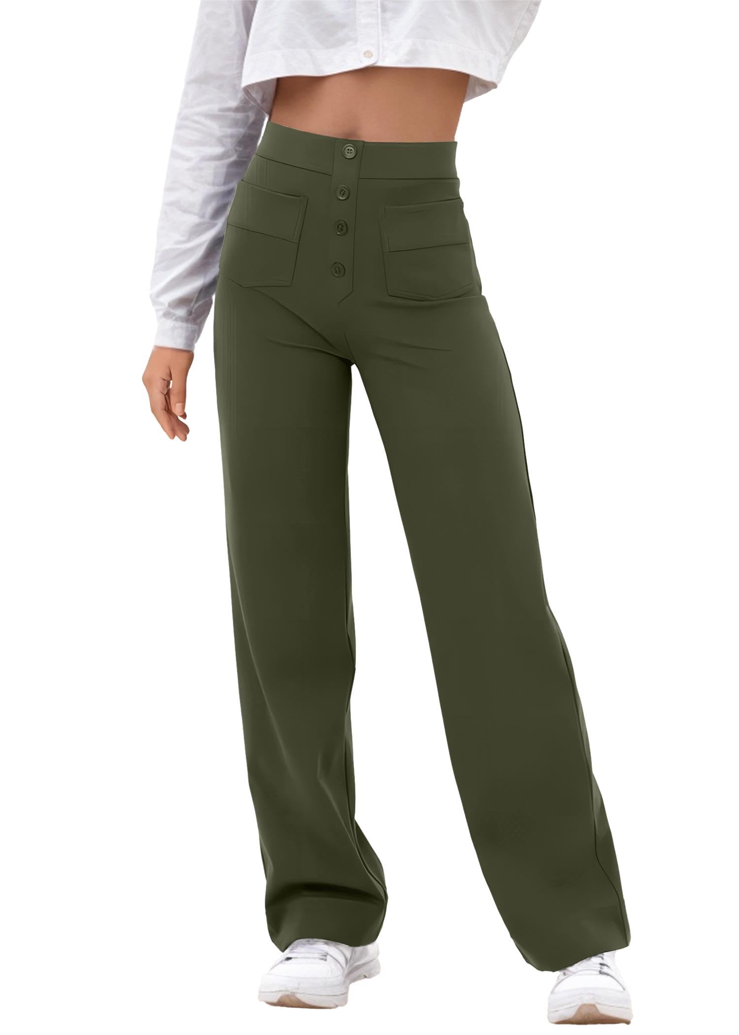 GRECERELLE Womens Casual Straight Leg Pants High Waisted Button Stretchy Business Work Trousers with Multiple Pockets