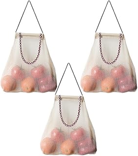 TuuTyss Set of 3 Hanging Reusable Storage Mesh Bag Vegetable Bag for Fruit,Garlics,Potatoes,Onions or Garbage Bag Organizer(3pcs-Beige)