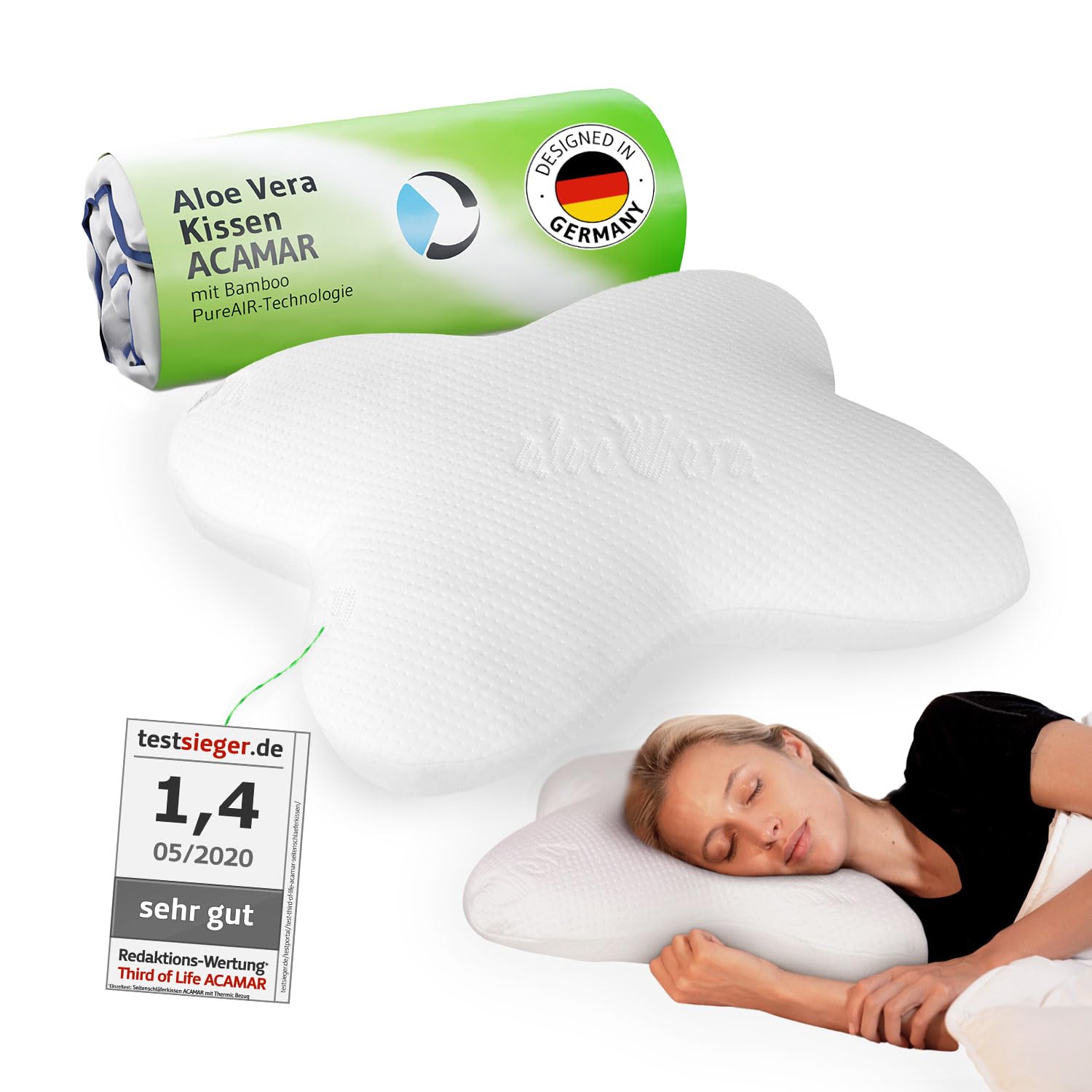 Seitenschläferkissen ACAMAR mit Aloe-Vera-Bezug und Bambus-Aktivkohle | Ergonomisches HWS-Kissen für Seitenschläfer mit kühlender Belüftung, orthopädisches Kissen, Nackenkissen Gesundheitskissen