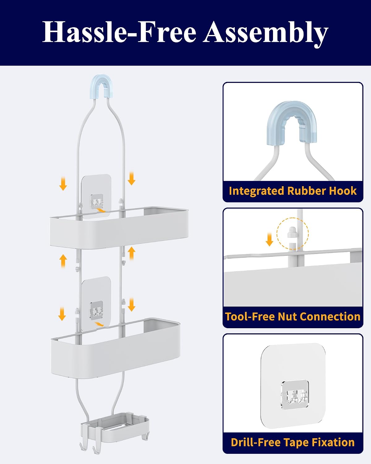 Kitsure Shower Caddy Hanging - No-Drill Bathroom Organizers and Storage, Wobble-Free Bathroom Shelves with Adhesive Tapes, Rust-Proof Shower Storage for Toiletries, White, 28.5" H