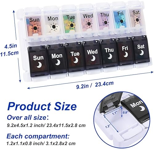 Miniatura 6 de HRX Package Organizador de píldoras 2 veces al día, fácil de llenar y abrir caja semanal para medicamentos, cajas de vitaminas para 7 días AM PM