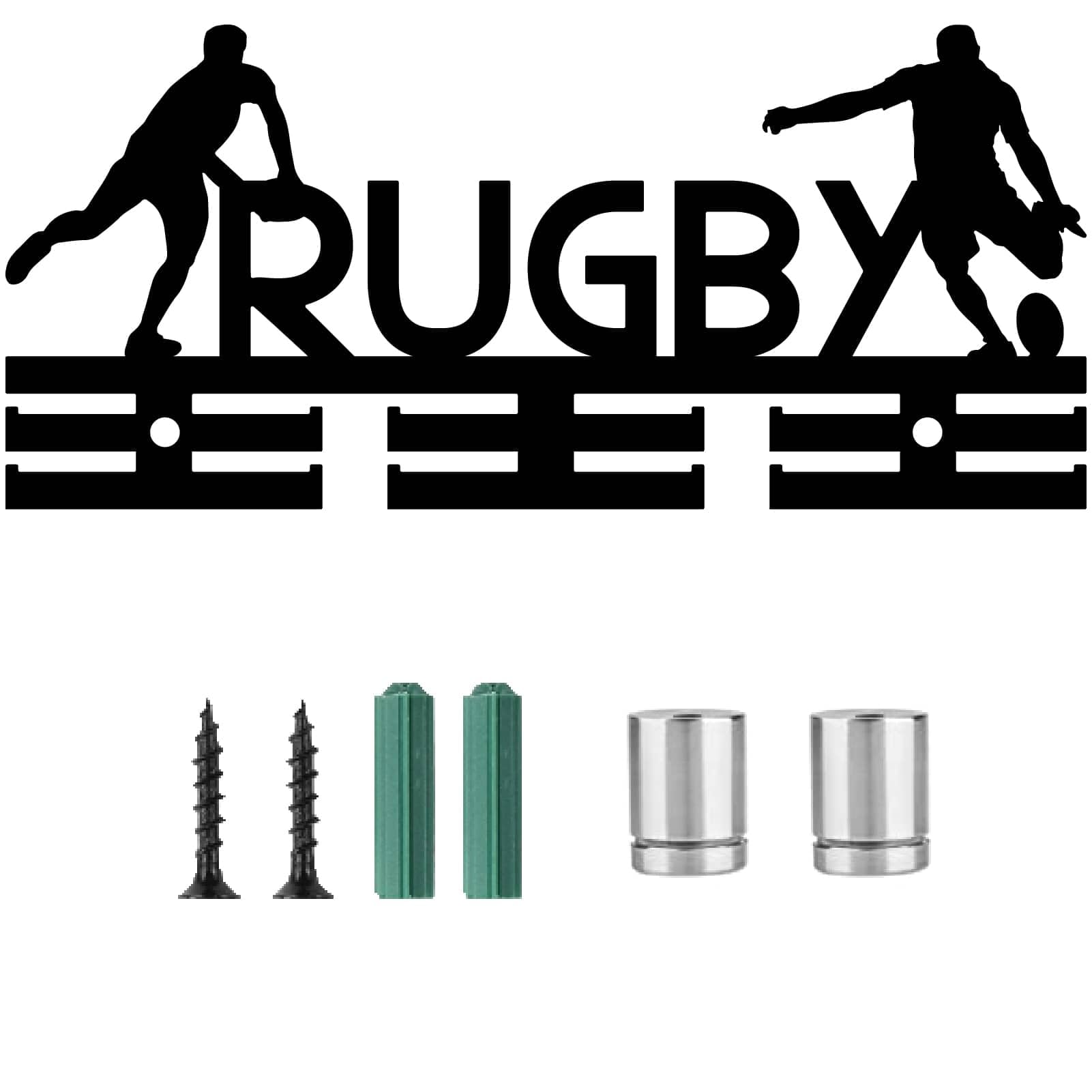 CREATCABIN Porte-médailles Rugby – Cadre Métal Noir 29x13 Cm, 3 Rangées De Crochets, Capacité 5 Kg (40+ Médailles) – Décoration Murale Pour Chambre Et Club