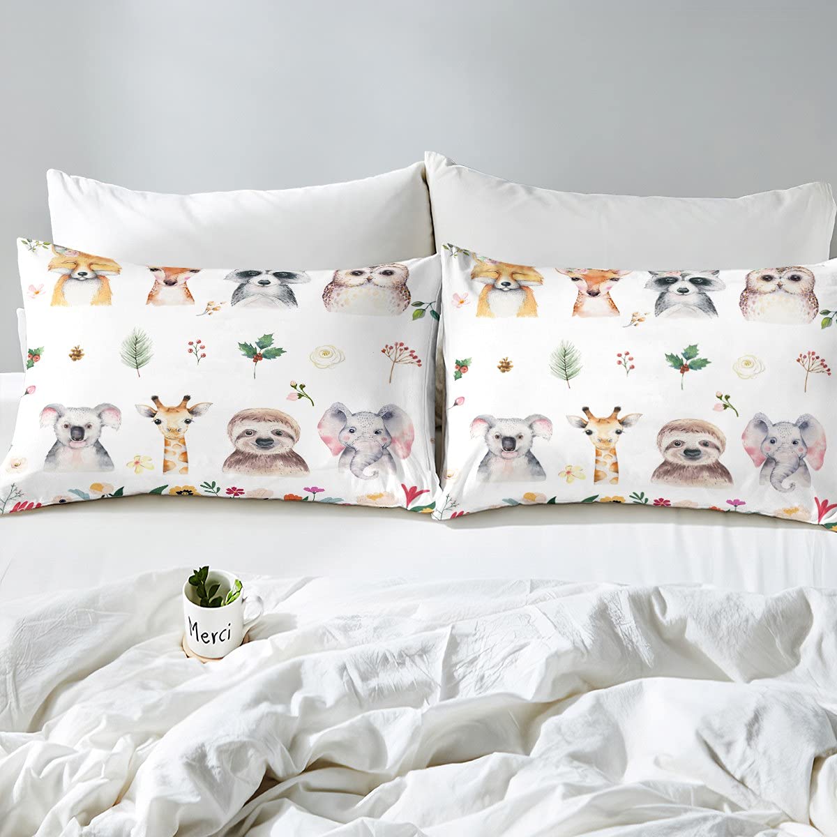 Parure de lit pour garçons et enfants - Motif animaux Kawaii - Feuilles vertes - Décoration de chambre - Aquarelle - Paresseux koala - Pour chambre à coucher - Motif girafe et éléphant - 1 couette et