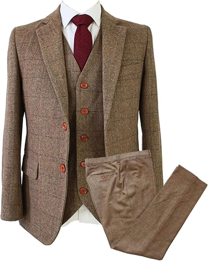 Men's 3-Piece Plaid Suit, Vintage Style, Brown Tweed with Vest and Pants