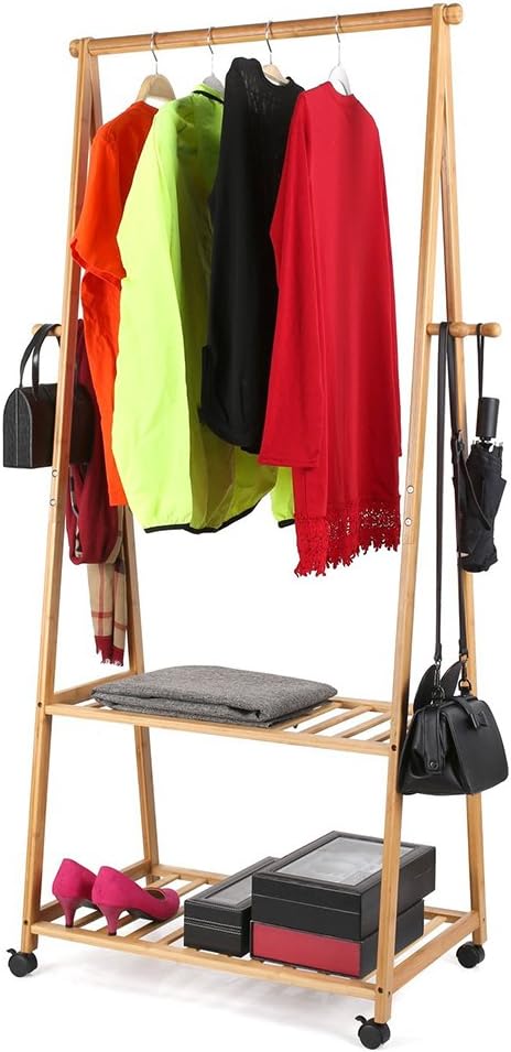 Stand Appendiabiti In Legno Di Bambù 70X33X153Cm Con Ruote 2 Ripiani - Foto 9