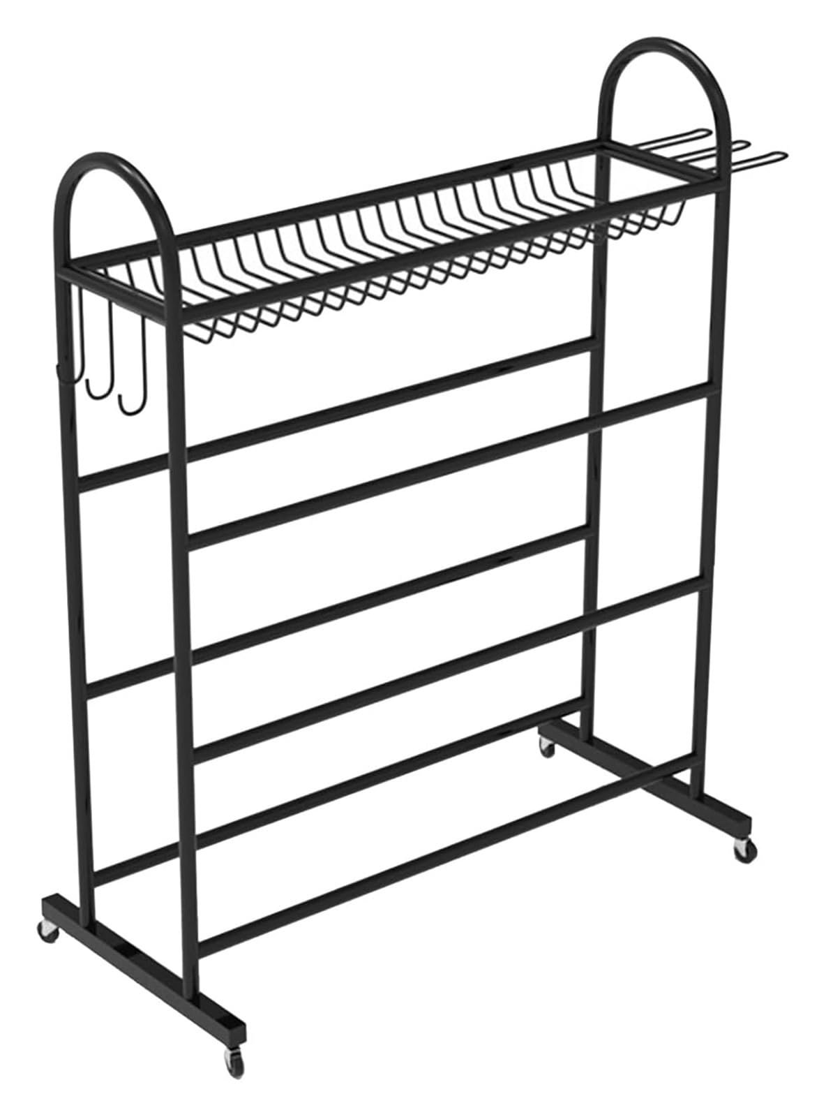 Mobilny stojak na sprzęt sportowy z kółkami i haczykami do koszykówki, piłki nożnej, siatkówki, 4 półki, wykończenie D, długość 97 cm (czarny - długość 83 cm)