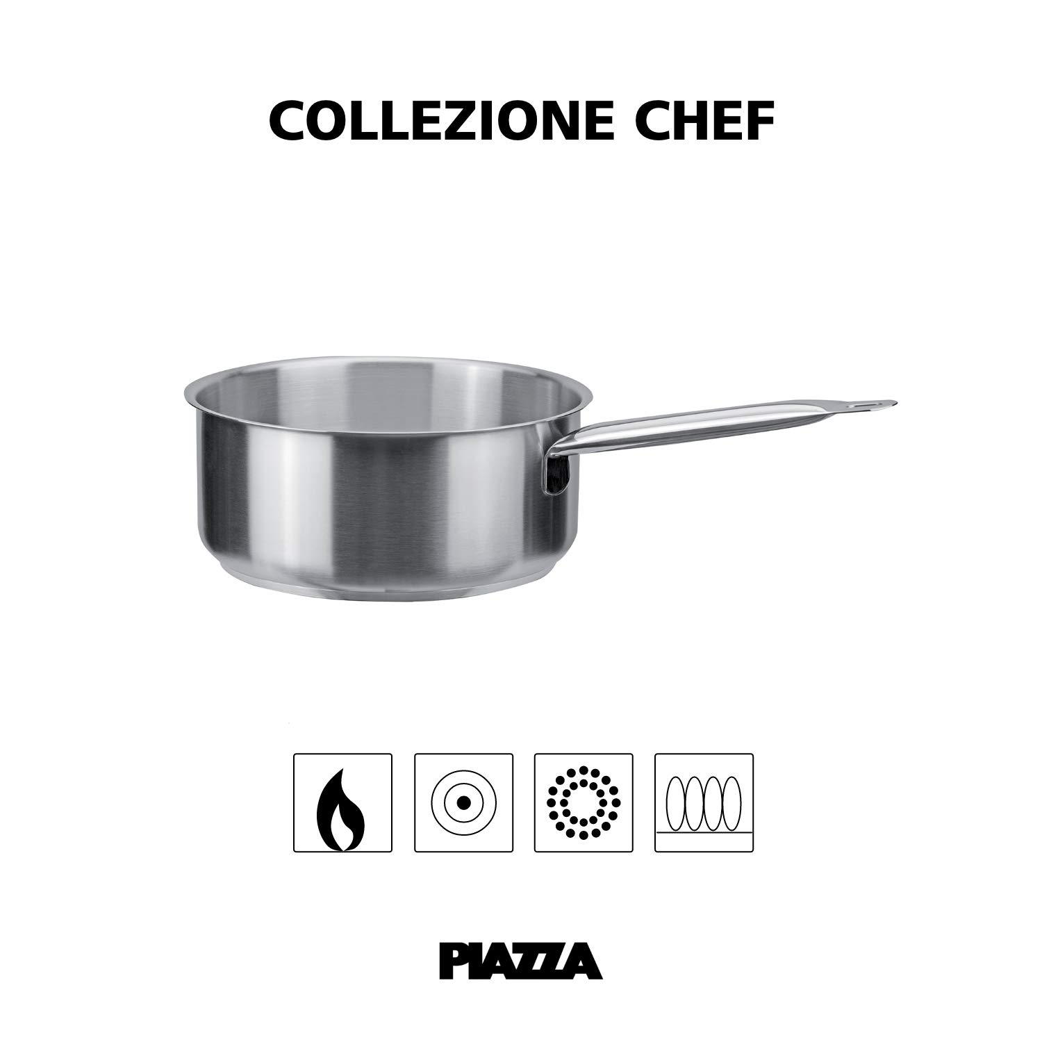 PIAZZA Casseruola Media in Acciaio Inox con 1 Manico - Collezione Chef - Diametro 24 Cm