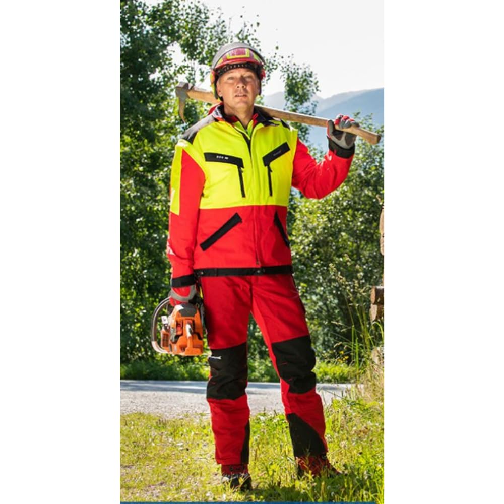 Protos Forsthelm Sonderedition – Gelb/Rot – Integrierter Gehörschutz, feines Visier mit Holzer Logo – Hochwertiger Schutz für Forstarbeiten