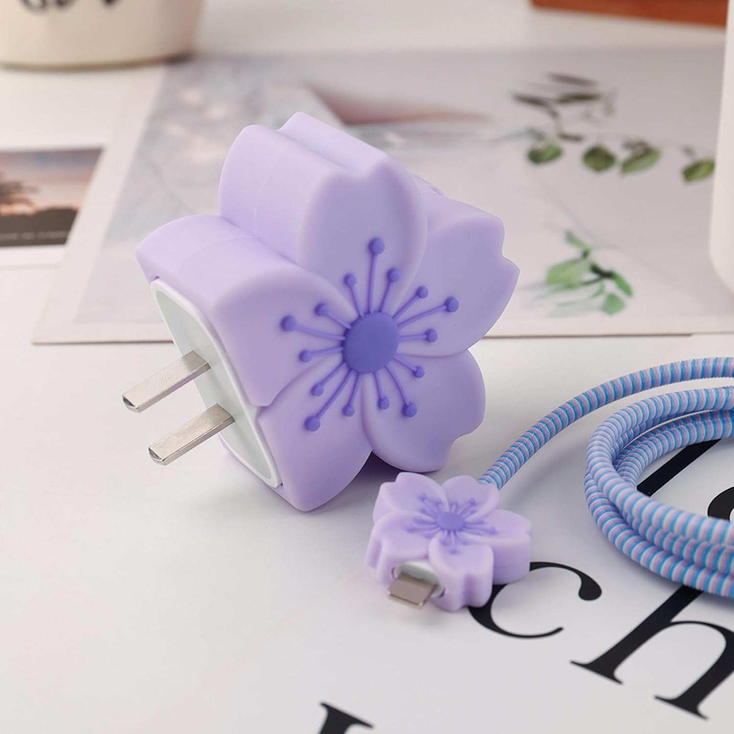 Flower Cable Protector for iPhone Charger Protector Cute Cherry Peach Blossom Begonia Design,Soft Silicone Data Cable Cord Saver Phone iPad Charger Cover for iPhone 11 12 13 14 15 16 Pro Max-Purple