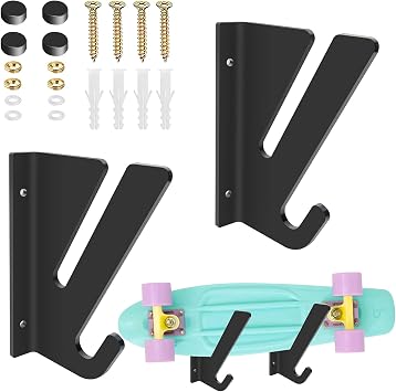 Skateboard Rack Wall Mount, Skateboard Storage Rack, Skateboard Holder, Load Bearing Skateboard Rack, Horizontal Space Saving Design for Longboard Penny Board Skis Skateboard Shelf
