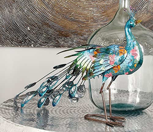 Deco 79 Metal Peacock Indoor Outdoor Garden Sculpture With Crystal Accents, 31" X 7" X 20", Turquoise #TOP1