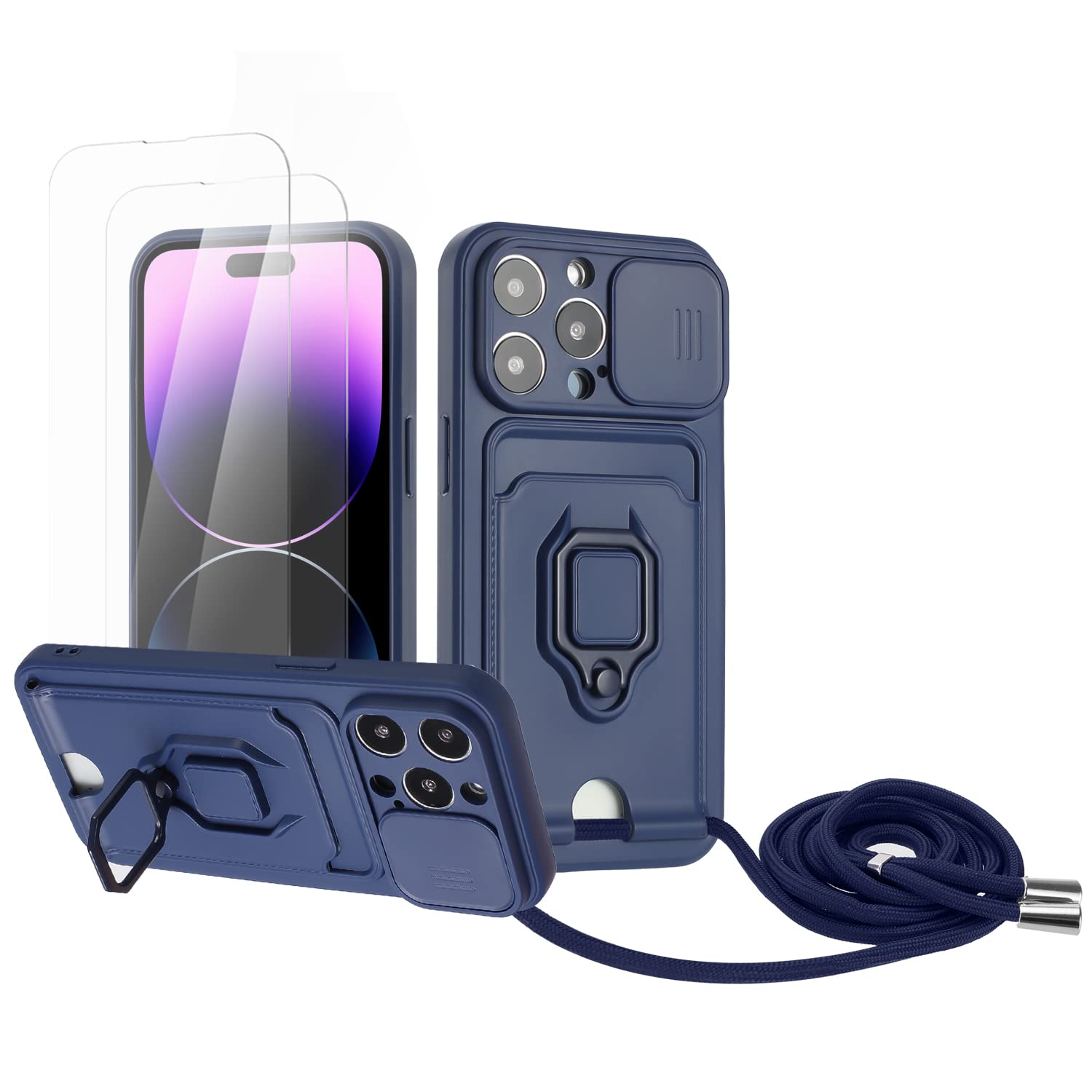 Zallagre Funda con Cuerda Compatible con Redmi Note 13 Pro 5G,[2 Packs Cristal Templado],Ranura para Tarjetas,Cubierta de Cámara Deslizante Proteger,360 Anillo Soporte-Morado — view 54