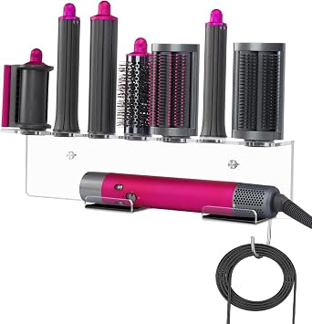 Acrylic Wall Mount Holder Compatible with Airwrap Styler & 7 Attachments, 6mm Extra Thick Organizer Rack with Brushed Silver Decorative Screws, Heavy Duty Space Saving Storage ShelfOnly for Airwrap!