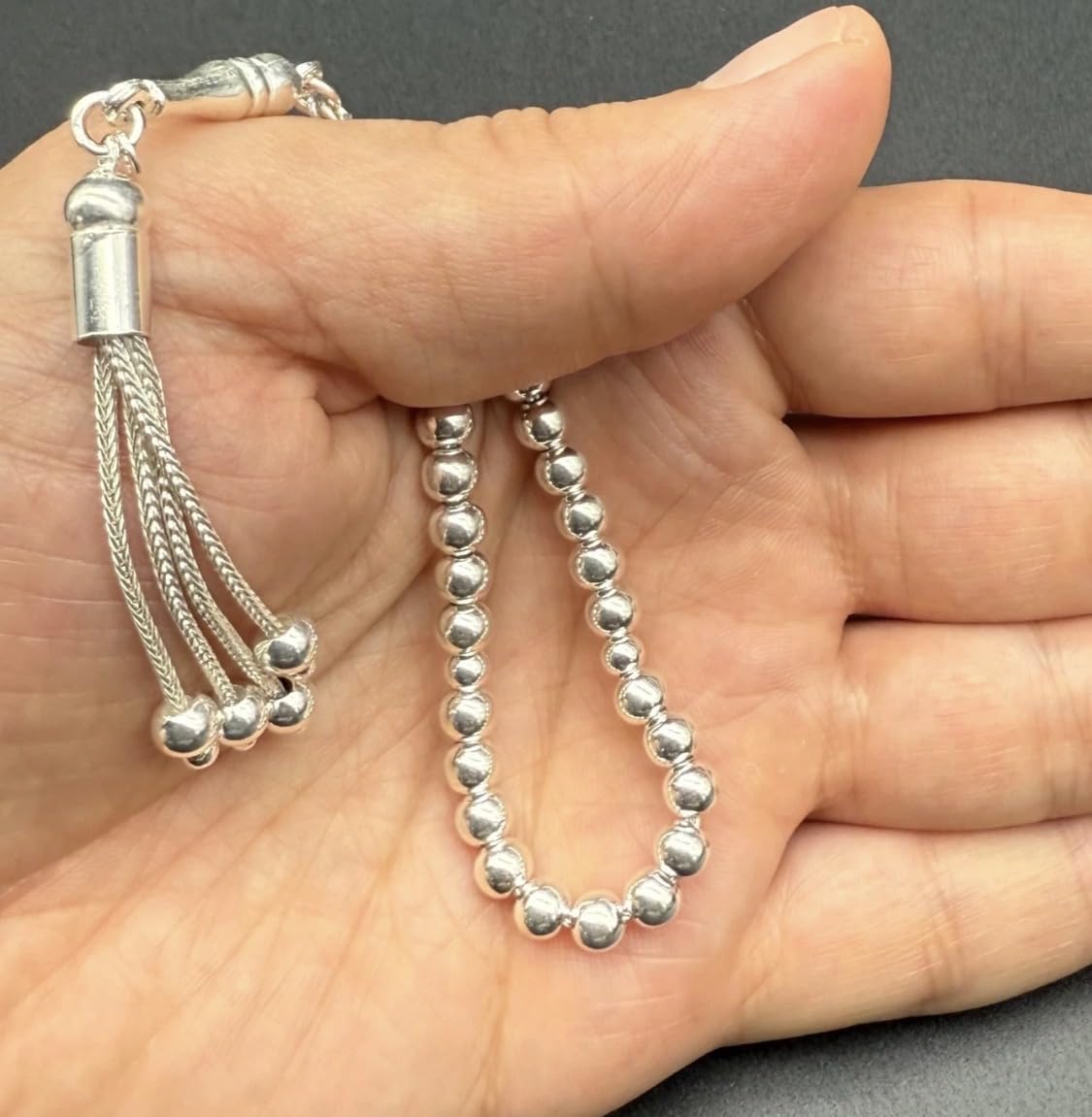 Generisch Mynatur Tesbih Gümüş 5mm Küre Gümüs 925 Sterling Silber kleine Miniatur Gebetskette Misbaha Rosary Subha Geschenkidee mit Geschenk Box
