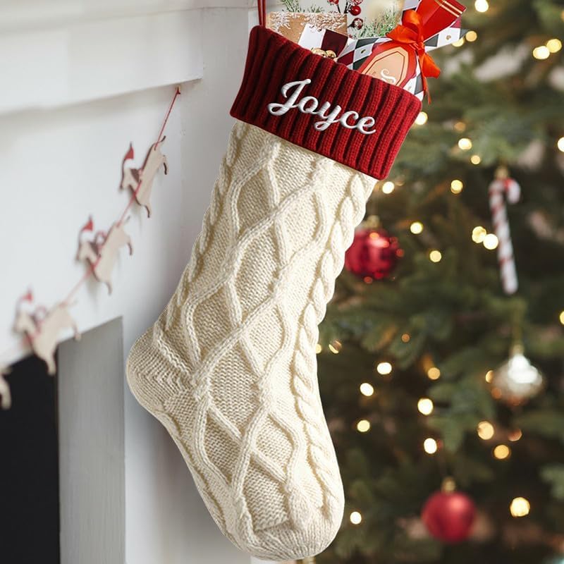 Personalisierte Weihnachtsstrumpf mit Namen 46cm große gestrickte Nikolausstrumpf hängende Familie Weihnachtsstrümpfe für Kinder Weihnachtsdeko Party,Doppelrautenmuster,5 PCS