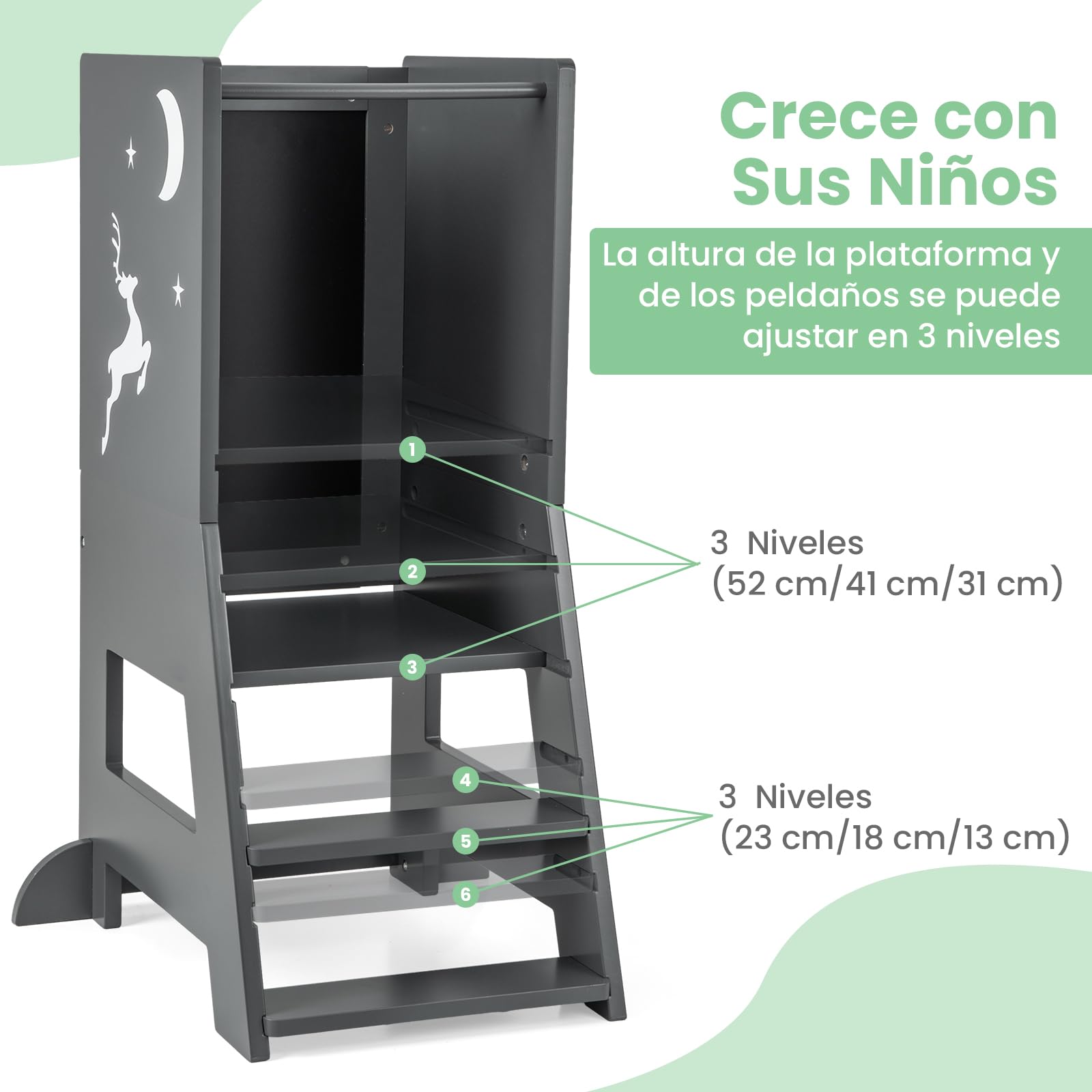 COSTWAY Torre de Aprendizaje, 2 en 1 Torre de Taburete Infantil con 3 Rotuladores, Pizarra Blanca y Negra, Plataforma y Escalón Ajustables, Escalera para Niños para Cocina Baño Comedor (Gris)