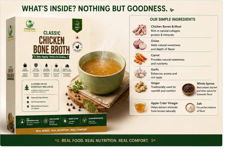 Image of Pristine Valley Farm & Foods Classic Chicken Bone Broth for Human 250g| Slow Simmered Chicken Stock | Daily Sipping Wellness | Ready to Sip & Perfect for Cooking | Rich in Natural Collagen & Protein | No Added Preservatives |