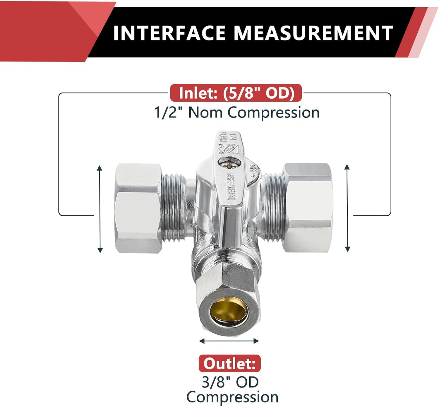 1PCS EFIELD Compression Stop Tee Valve,Dual 1/2" NOM (5/8" OD) x 3/8"OD COM | 1/4 Turn Water Shut Off Valve,Chrome Plated Brass-VALVE247(1)