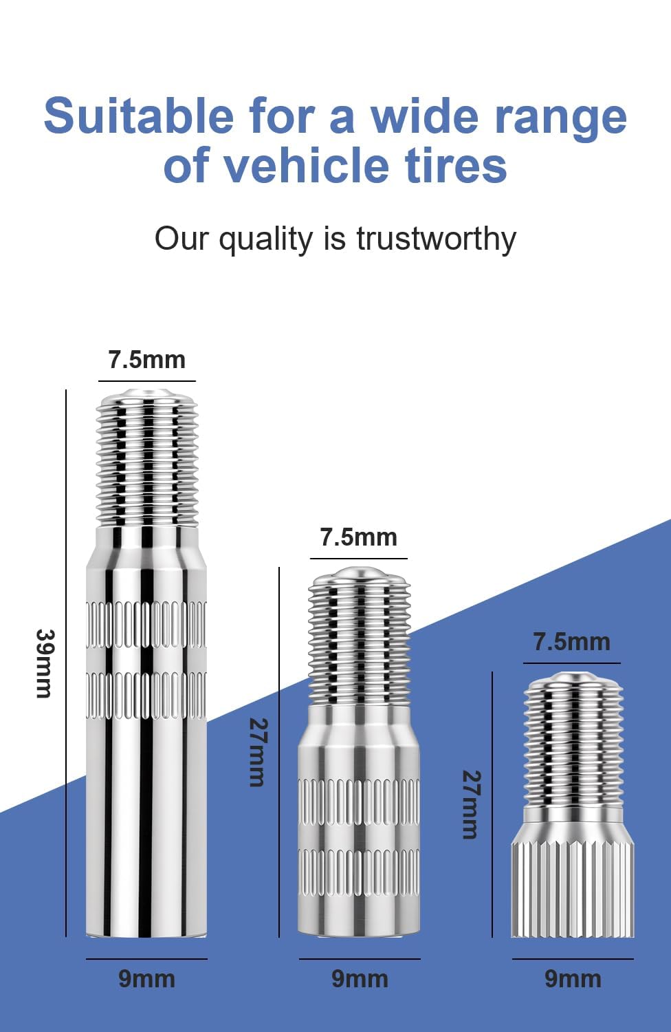 Vehepeay 6 Pièces Rallonge Valve Pneu, Pneu Voiture H62 Laiton Nickelé, Adaptateur Valve avec Hauteur de19mm, 27mm,39mm, Valve Adaptateur de Valve pour Voitures, Camions, Motos, Vélos, E-Trottinette - 5