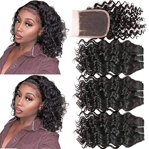 FU SHEN 8A Brazilian Deep Wave Bundles with Closure Short 8 Inch Unprocessed Virgin Human Hair Weave Deep Culry 3 Bundles with Three Part Lace Closure Full Head