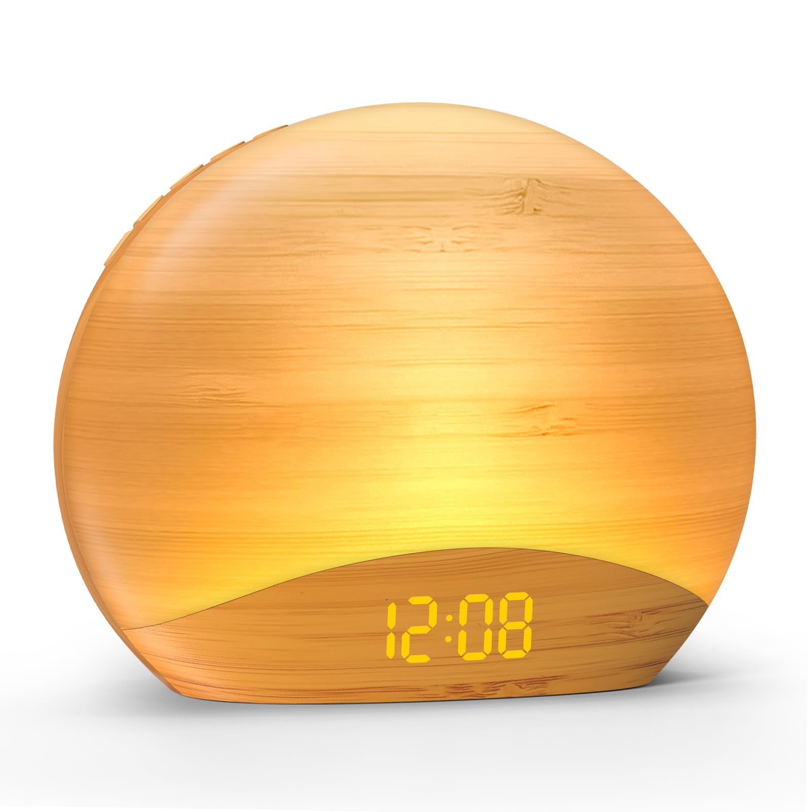 REACHER Sunrise Alarm Clock with Bluetooth Speaker & FM Radio, Gradual Wake Up Light, Digital Dimmable Clock, Bedroom Lamps, 8 Color Night Lights, Home Decor, Wood Clock for Adult, Kid