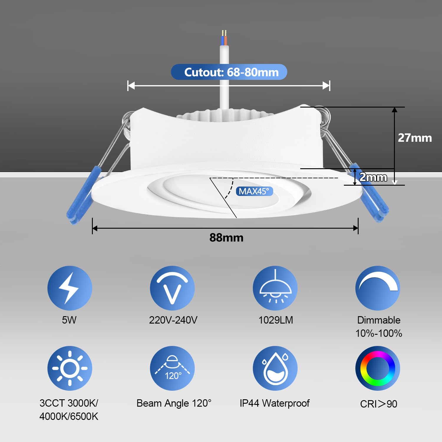 YindaLux Reflektor LED 5 W do zabudowy, płaski, 68 mm, IP44, 3000 K/4000 K/6500 K, oświetlenie punktowe do łazienki, możliwe ściemnianie, obracane sufitowe