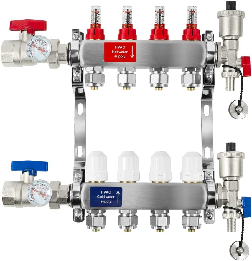 WiseWater 4 Loop PEX/Radiant Manifold, 1/2 In and 3/4 In Compatible Outlets, Up to 1.6 GPM Flow Valve for Hydronic Radiant Floor Heating, Nickeled Brass