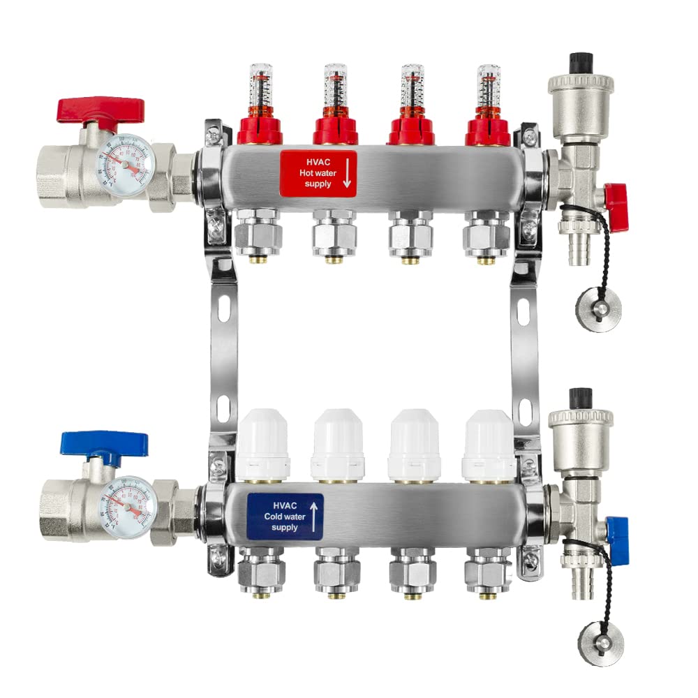 AB 4 Loop PEX/Radiant Manifold, 1/2 Inch Compatible Outlets, Up to 1.4 GPM Flow Valve for Hydronic Radiant Floor Heating(1/2" Connectors Included)