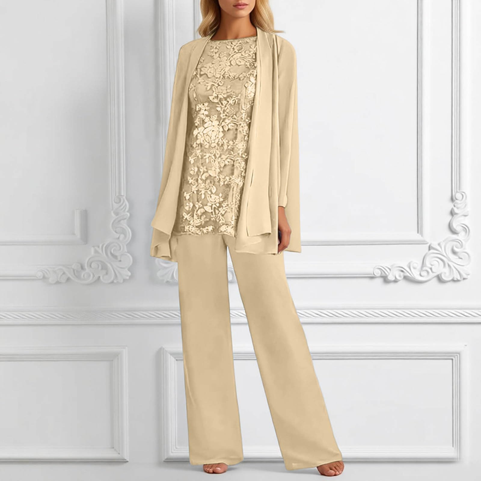 Generisch Elegante vestido de fiesta de dama de honor: pantalones de manga larga de gasa con estampado floral, elegante y cómodo para invitados en tallas grandes.