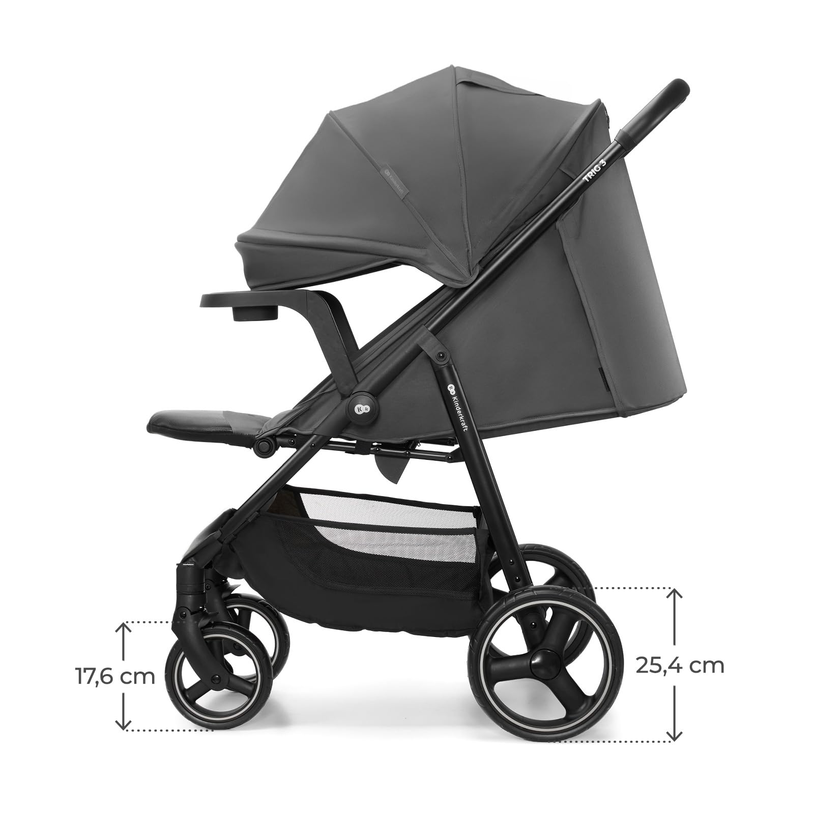 Kinderkraft TRIG 3 con vassoio, Passeggino 22 kg, CLICK & FOLD, Grigio