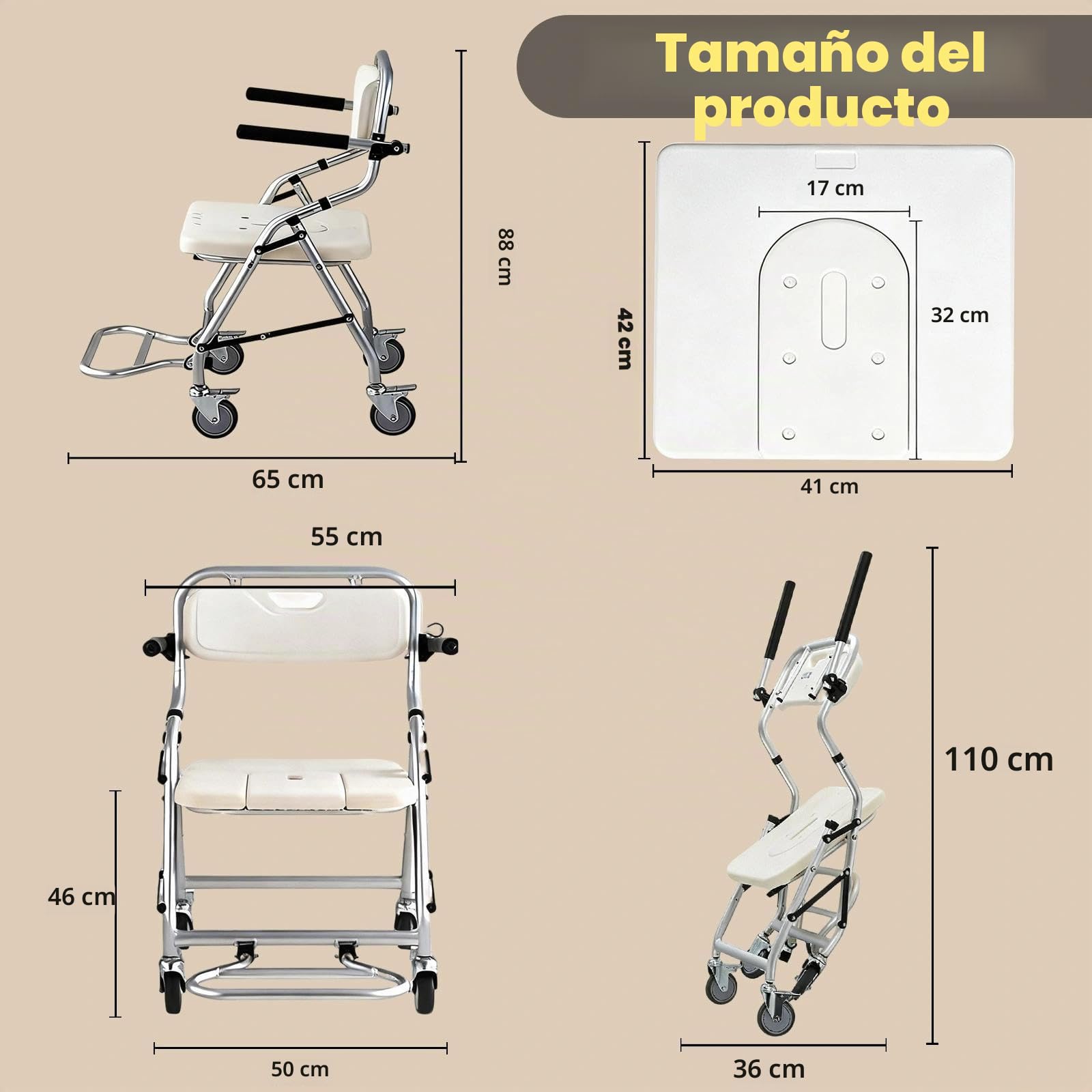 Silla de Ducha con Ruedas, Taburete de Ducha Plegable para Personas Mayores | Silla de Baño Ducha con Reposabrazos y Respaldo para Discapacitados y Mujeres Embarazadas, Carga 120kg