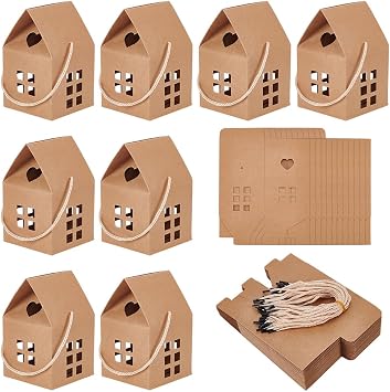 BENECREAT 30Pcs House Shaped Gift Boxes, 3x3x5inch Log Kraft Paper Candy Box Cardboard Treat Boxes for Wedding Baby Shower Birthday Party