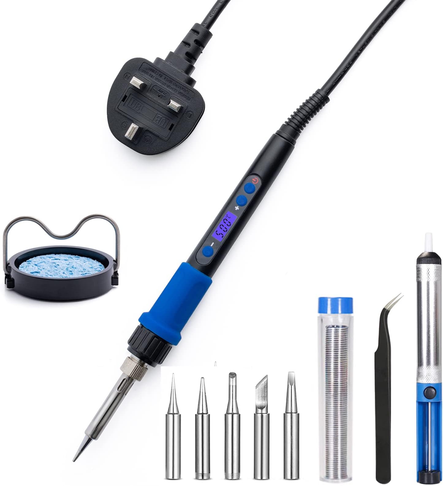 Soldering Iron Kit 100W LCD Welding Tools Adjustable Temperature 200-500°C,ON/Off Switch,5 Replacement Tips,Desoldering Pump,Solder Wire,Stand,Tweezers,Micro Soldering Kit for Electronics