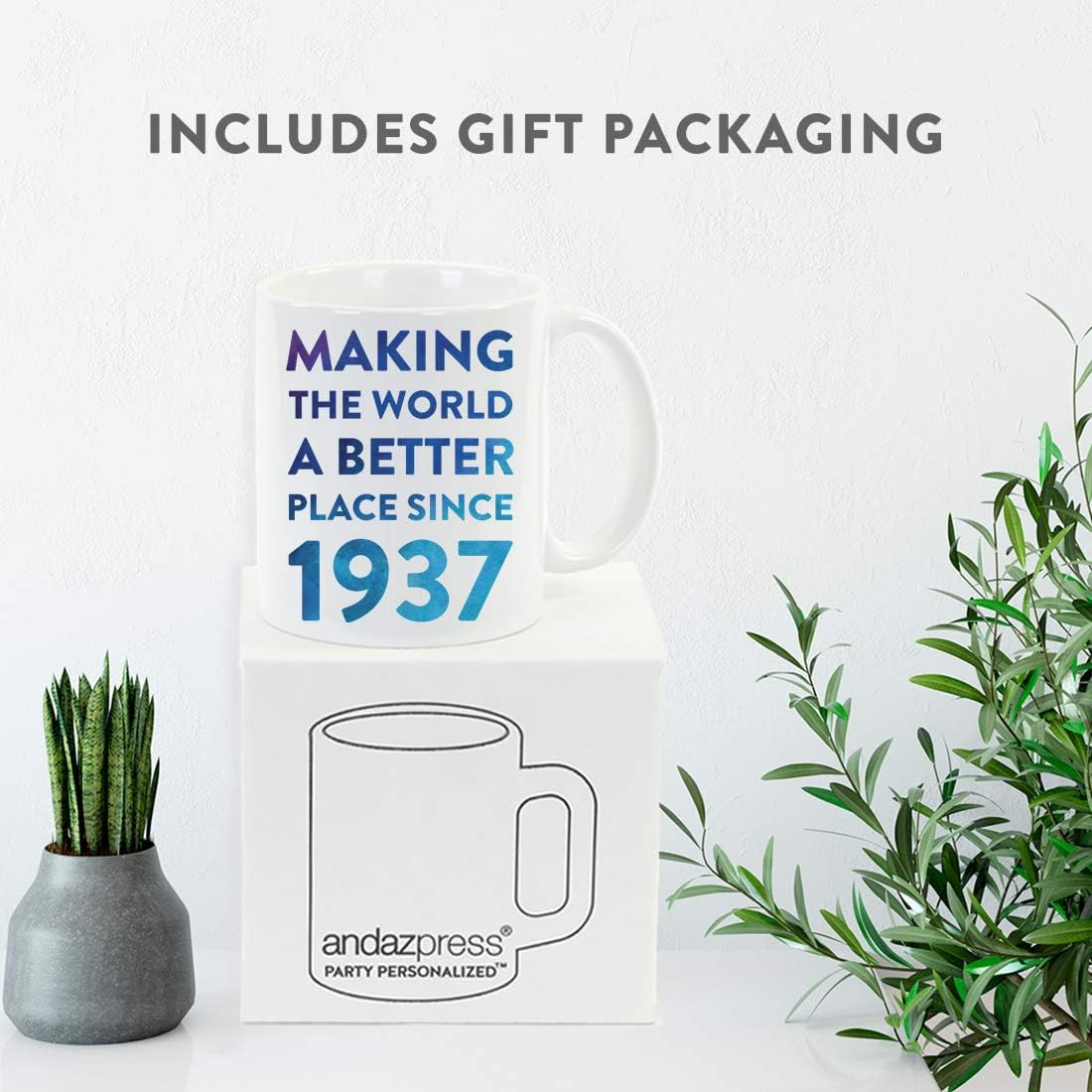 Andaz Press 11oz. Birthday Milestone Coffee Mug Gift, Making The World a Better Place Since 1937, Blue Watercolor, 1-Pack, 82nd, 83rd, 84th, 85th, Birthday, Anniversary