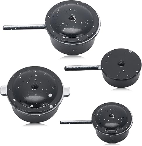 Miniatura 8 de simarro Juego de 4 utensilios de cocina para casa de muñecas, ollas y sartenes de metal en miniatura, accesorios de decoración de casa de muñecas,