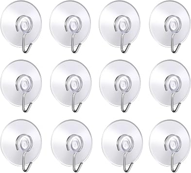 Navoys Pack of 12 40mm Suction Cup Hooks - Premium PVC Cups with Metal Hooks, Window Glass Suction Cups, Ideal for Bathrooms, Towels, Sponges, Wreaths or Kitchen Utensils